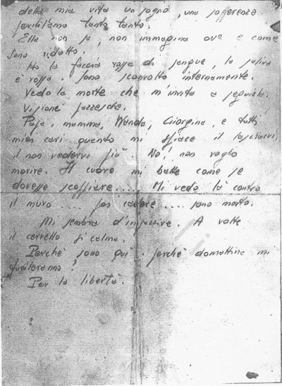 L’immagine riproduce la fotocopia della seconda pagina di uno degli ultimi messaggi di Walter Ulanowsky prima della fucilazione a Colle del Turchino. Si tratta di una sorta di "nota di diario", probabilmente composta a brevissima distanza dal momento della sua esecuzione.