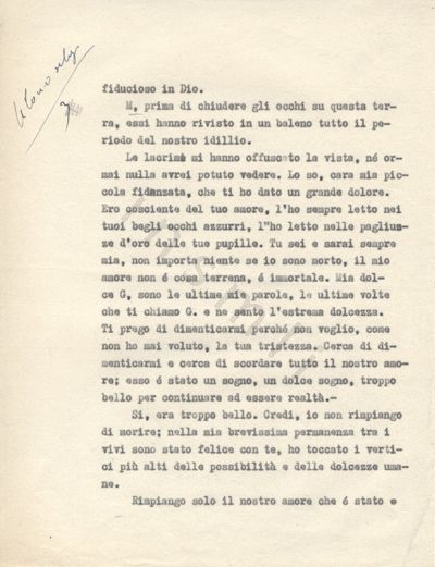 L’immagine riproduce la seconda pagina della trascrizione a macchina dell’ultima lettera di Walter Ulanowsky alla ragazza amata.