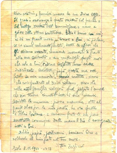L’immagine riproduce la seconda facciata della lettera scritta da Zeffirino Ballardini al padre, dal carcere di Edolo, tre giorni prima di essere ucciso.
Il documento è scritto con una penna blu su un foglio a righe che sembra strappato da un block-notes.